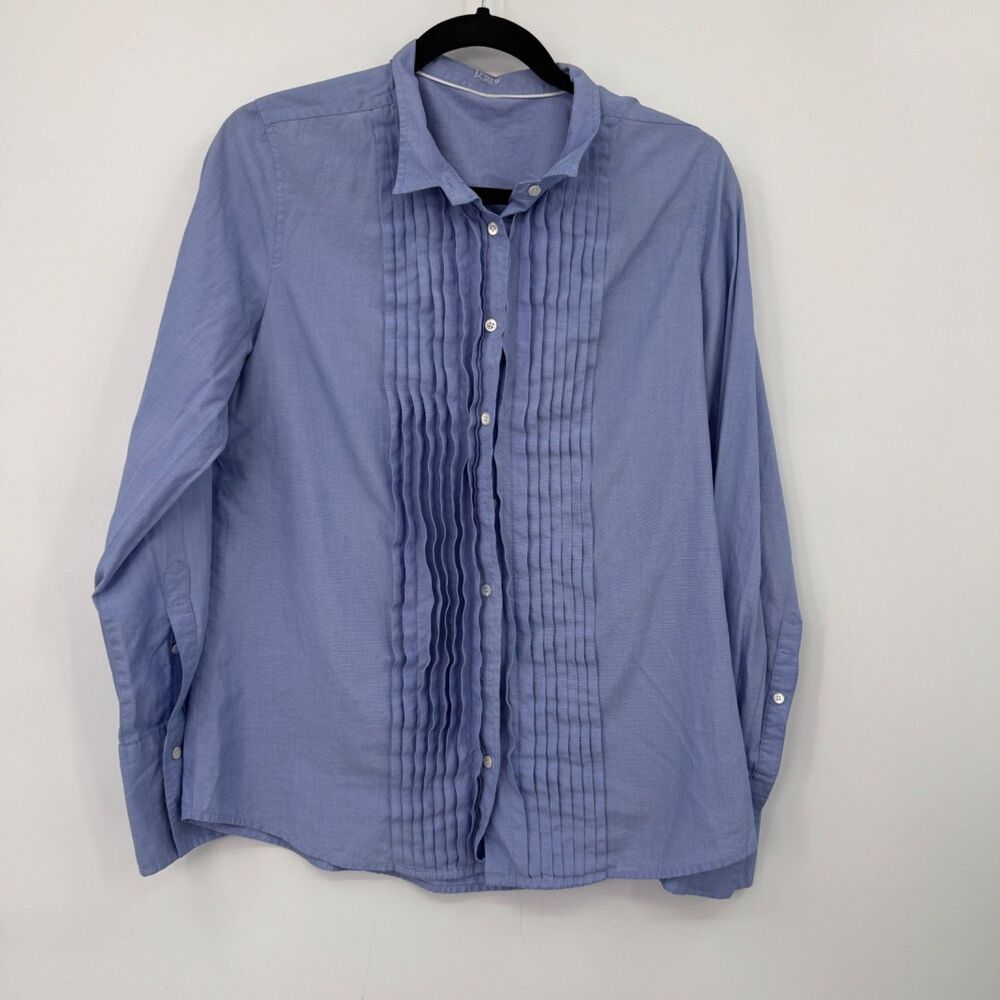 J. Crew Women's M Blue Pleated Button-Down Collared Shirt Vintage Classic